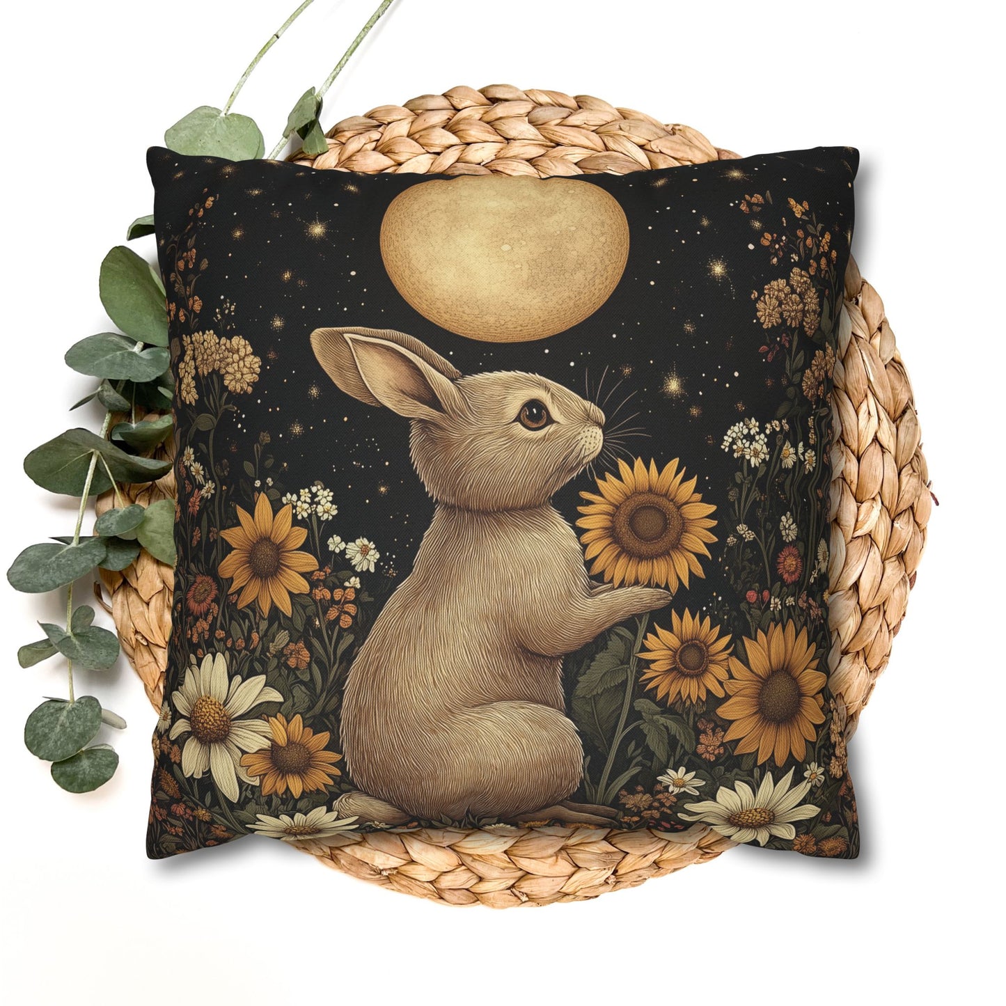 Moonlit Bunny Floral , William Morris Inspired Floral Bunny Pillowcase