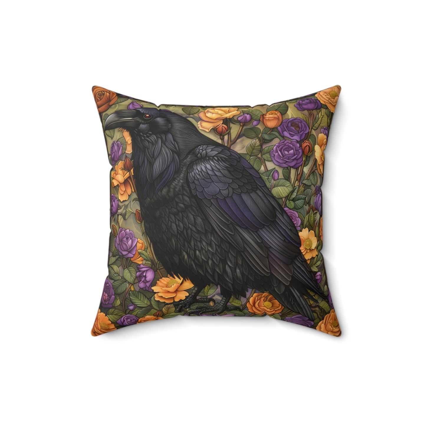 Mystical Raven Halloween Roses Throw Pillow | William Morris Inspired Raven Halloween Pillow Decor