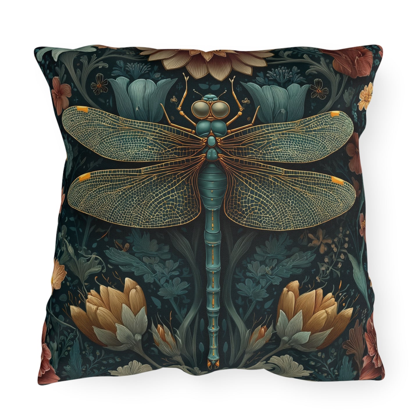 Dragonfly Outdoor Pillow, Botanical Throw Pillow, Insect Nature Cushion, Garden Accent Pillow, Boho Floral Decor, Wildlife Gift, Dragonfly Lover Pillow