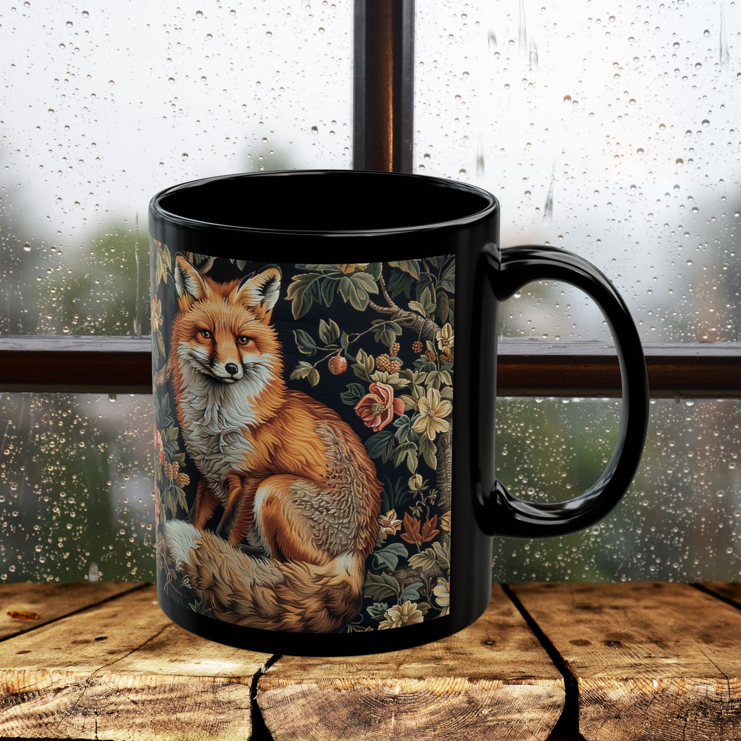 Forest Fox William Morris Inspired | Fox Ancient Black Coffee Mug For Her Him Ceramic Mug Black Mug 11oz, 15oz