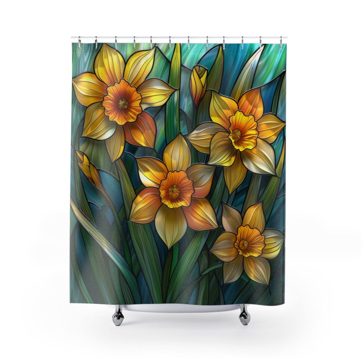 Faux Stained Glass Daffodil Flowers Polyester Shower Curtain