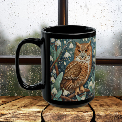 Whimsical Owl Snowdrop Floral Black Mug - Woodland Nature Coffee Cup, Forest Animal Art Gift, Cozy Rustic Drinkware