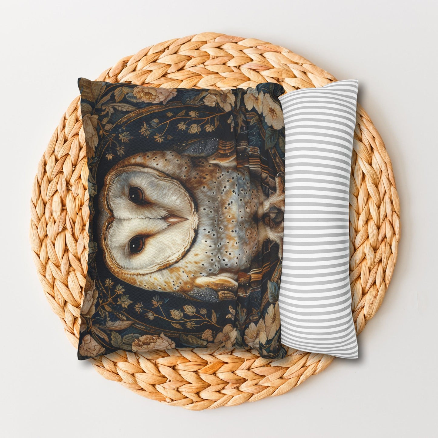William Morris Inspired, Forest Floral Art, Decorative Barn Owl Cushion,  Spun Polyester Square Pillowcase