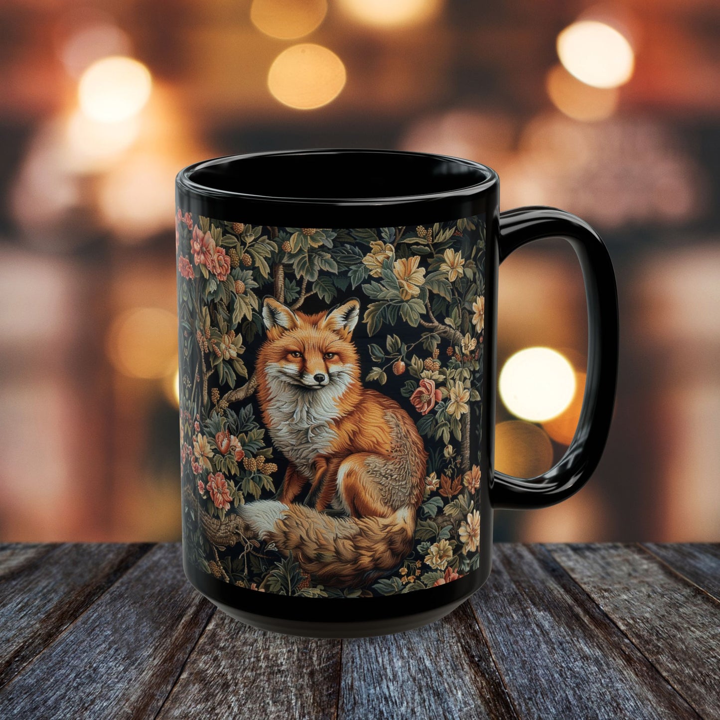 Forest Fox William Morris Inspired | Fox Ancient Black Coffee Mug For Her Him Ceramic Mug Black Mug 11oz, 15oz