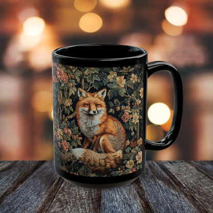 Forest Fox William Morris Inspired | Fox Ancient Black Coffee Mug For Her Him Ceramic Mug Black Mug 11oz, 15oz