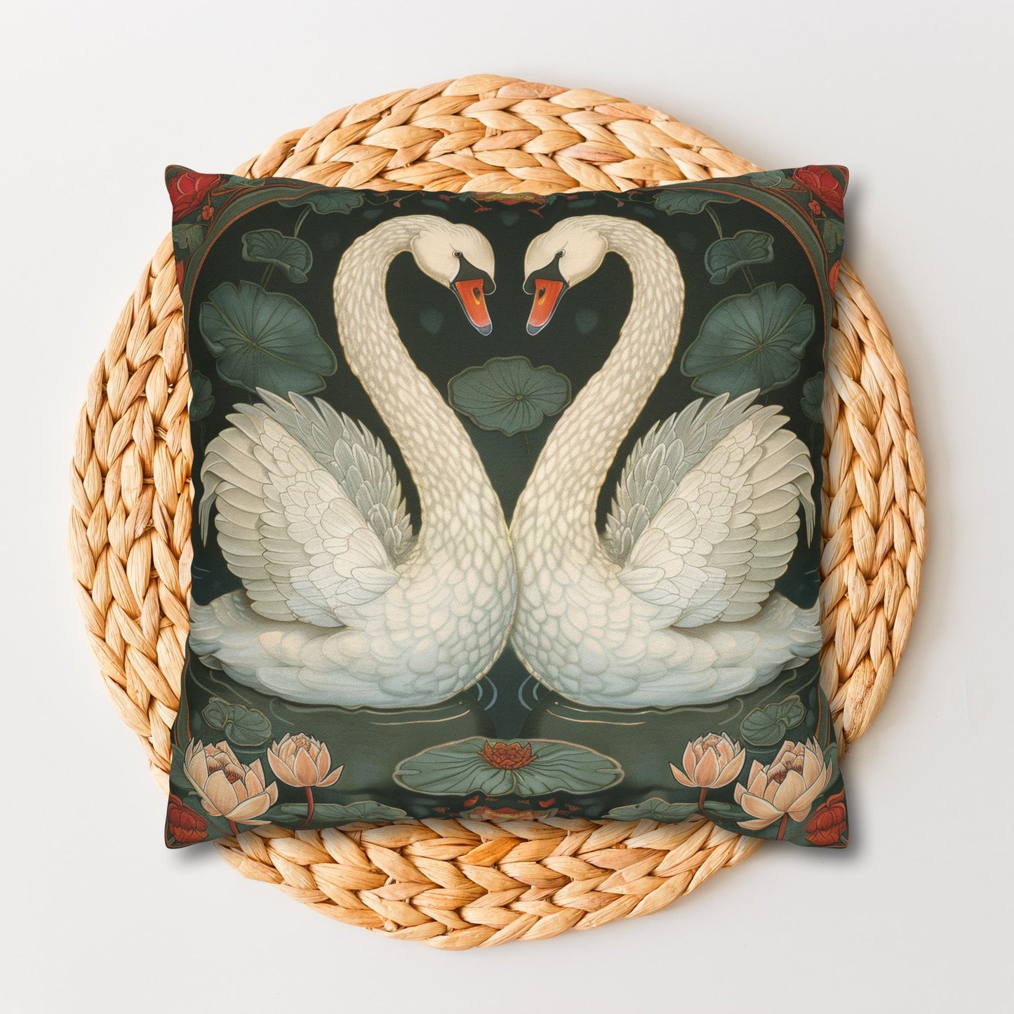 Art Nouveau White Swans Lotus Flowers Pillowcase