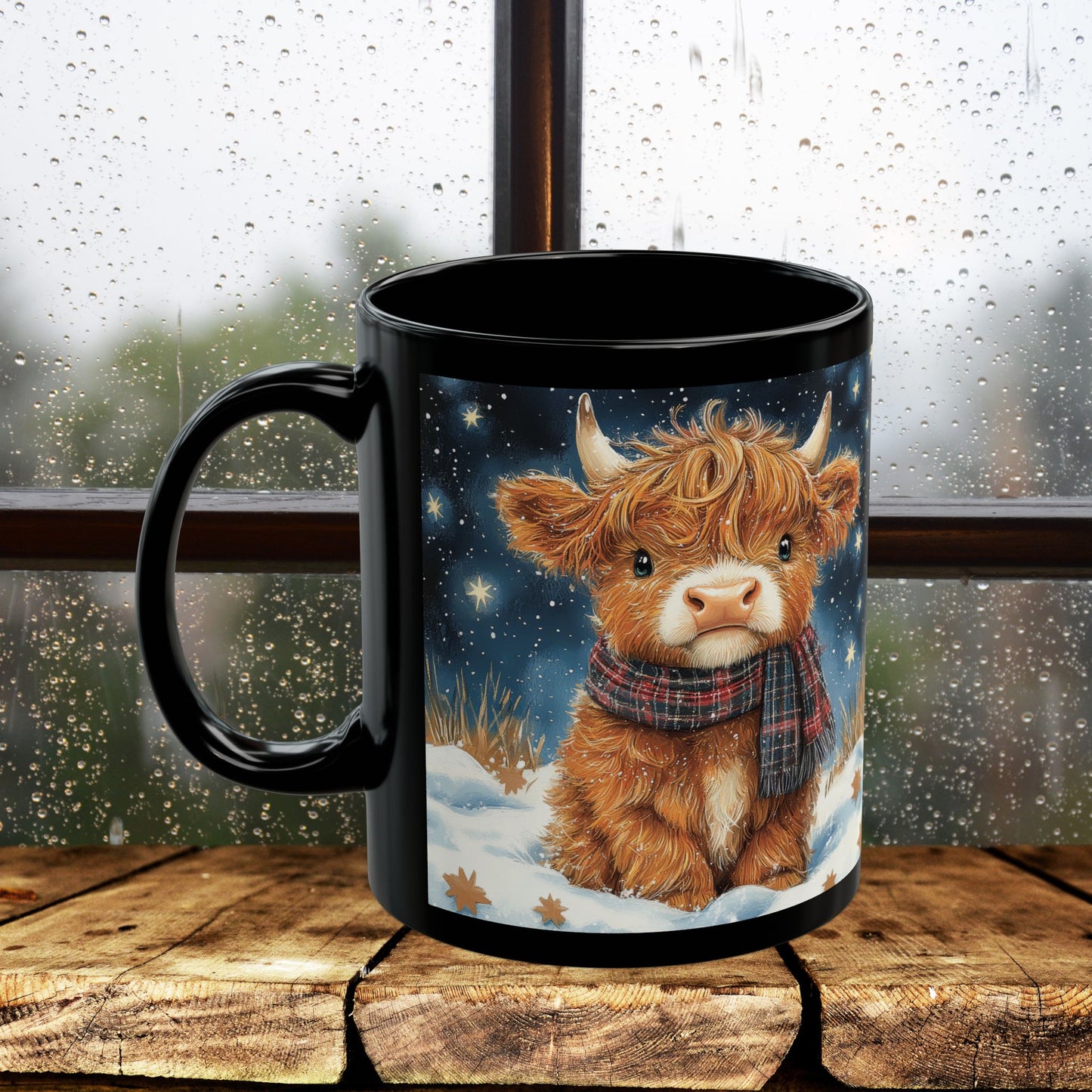 Highland Cow Winter Night Black Mug, Cute Baby Cow Coffee Cup (11oz, 15oz) Animal Lover Gift, Farmhouse Kitchen Decor, Christmas Gift,