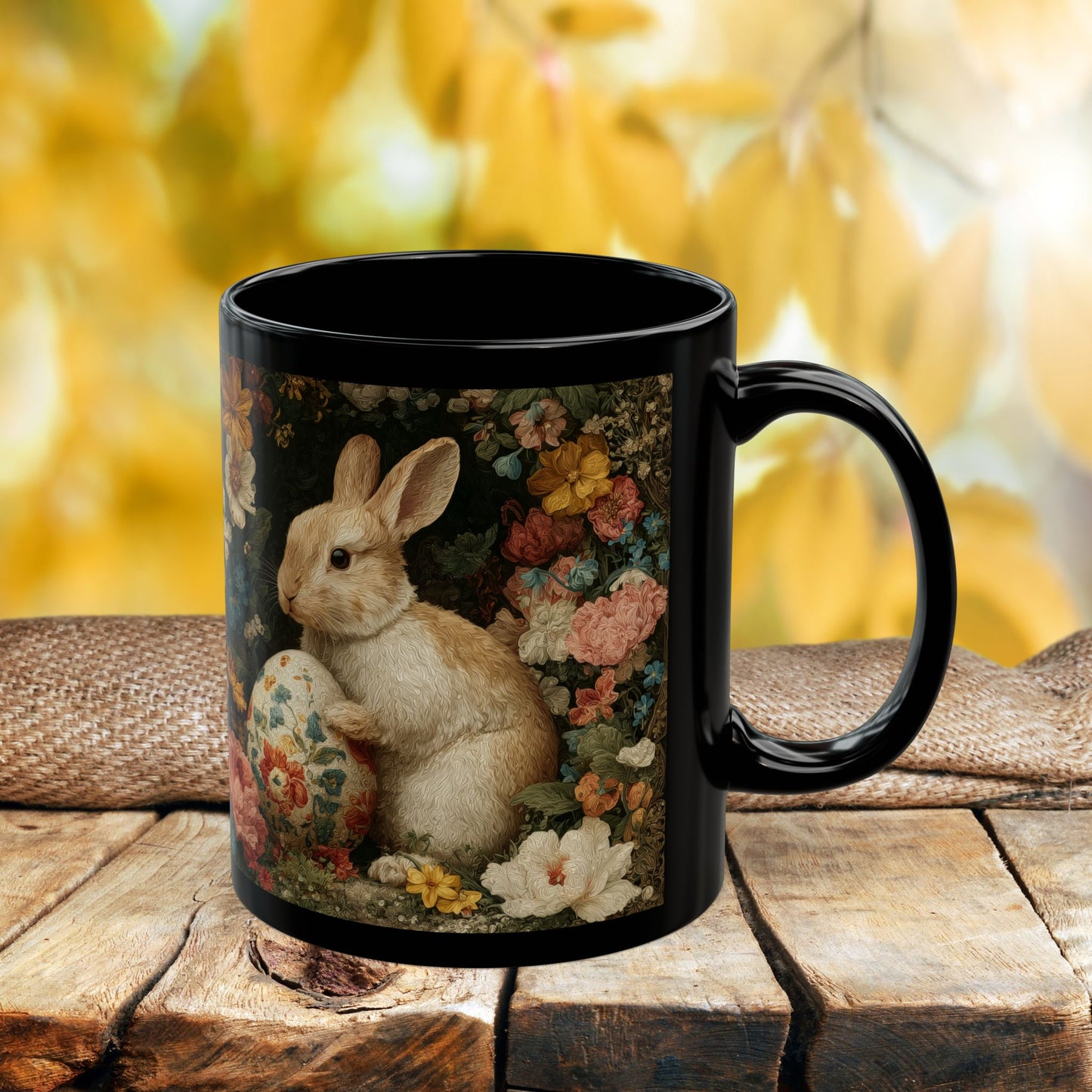 Easter Bunny Floral Black Mug, Vintage Rabbit & Painted Egg Coffee Cup (11oz/15oz)