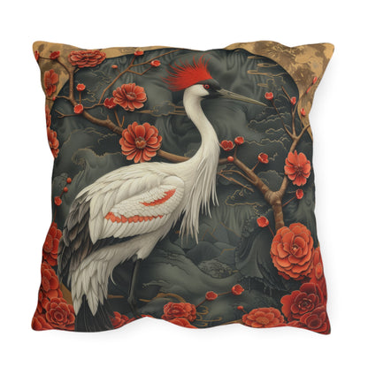 Japanese Crane Floral Outdoor Pillow, Red Crown Crane Throw Pillow, Oriental Bird Cushion, Zen Garden Decor, Asian Inspired Accent Pillow, Nature Lover Gift