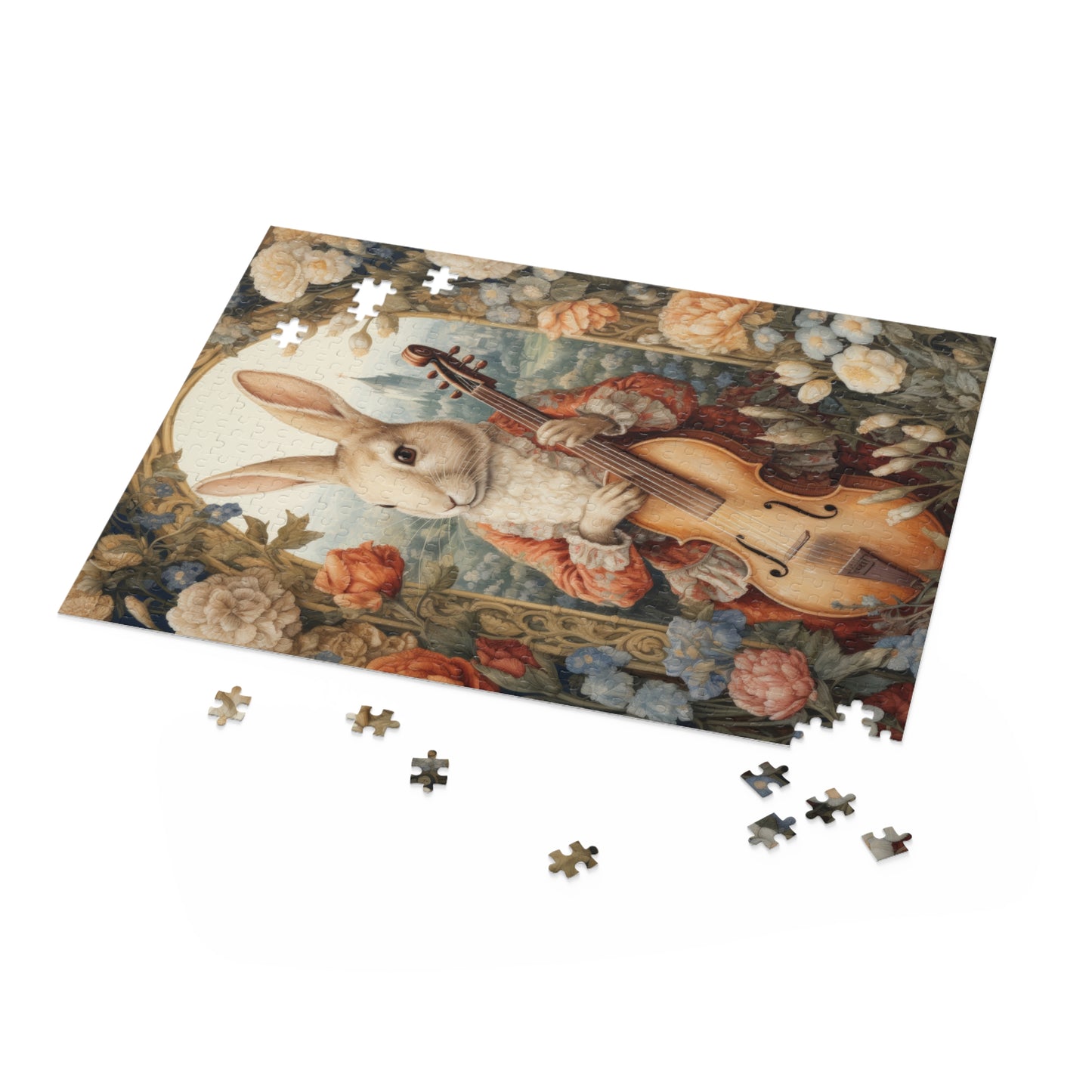 William Morris Inspired Victorian Rococo Rabbit Plays The Cello  Jigsaw Puzzle (120, 252, 500-Piece)