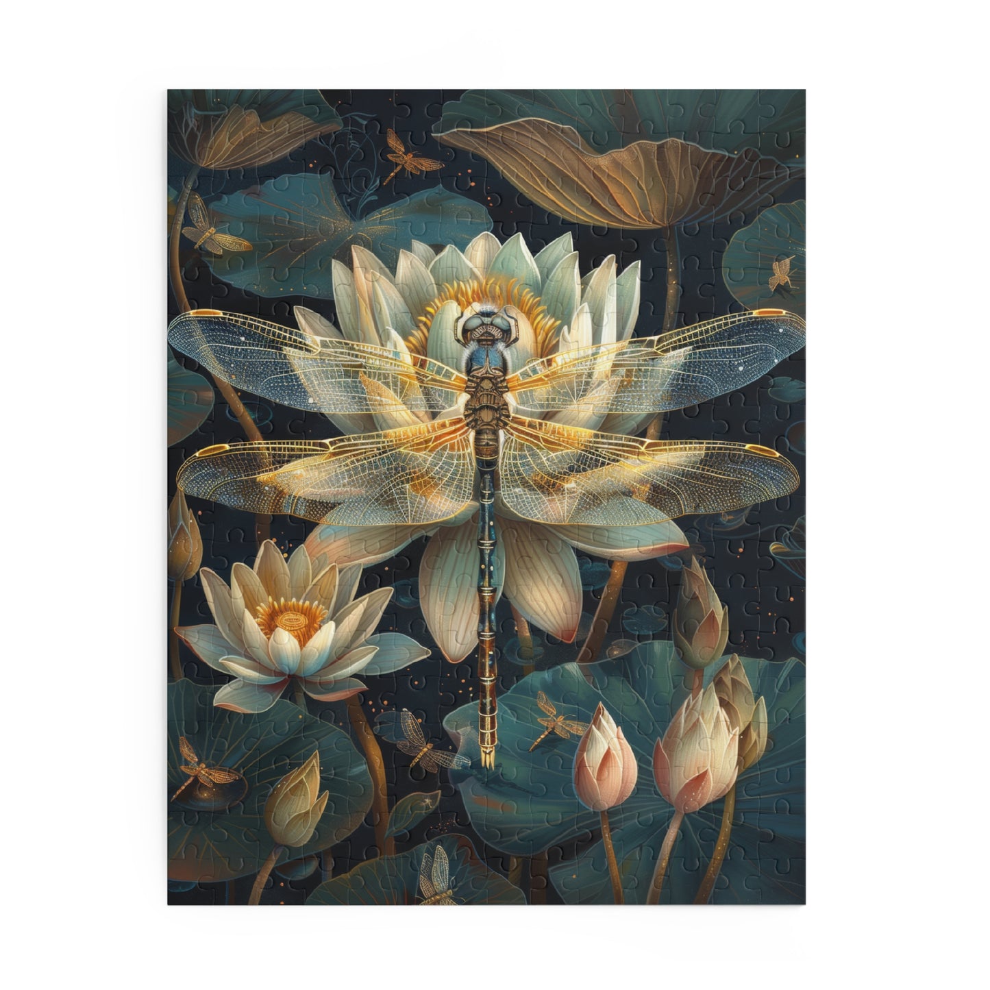 Art deco of Dragonfly Water Lily Jigsaw Puzzle (120, 252, 500-Piece) Family Jigsaw Puzzle, Puzzle Box Gift