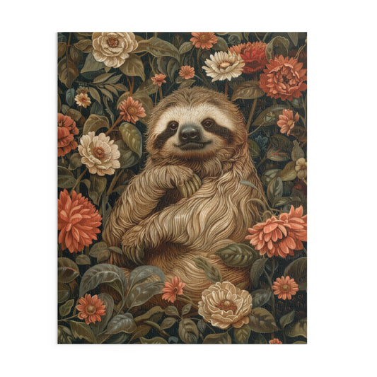 William Morris Inspired Botanical Sloth Jigsaw Puzzle | Cottage-core Art Nouveau Puzzle Box (120, 252, 500-Piece)