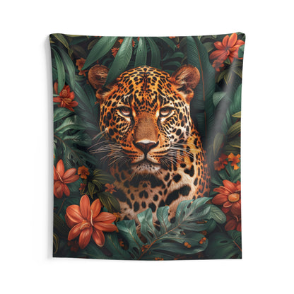 Jungle Leopard Portrait Tapestry, Botanical Wildlife Wall Hanging