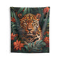 Jungle Leopard Portrait Tapestry, Botanical Wildlife Wall Hanging
