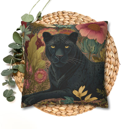Black Panther Pillowcase, Elegant Botanical Animal Cushion, William Morris Inspired Floral Jungle