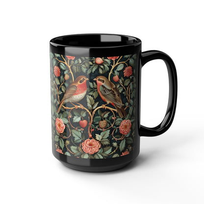 William Morris Inspired Botanical Birds Black Coffee Mug 11oz, 15 oz