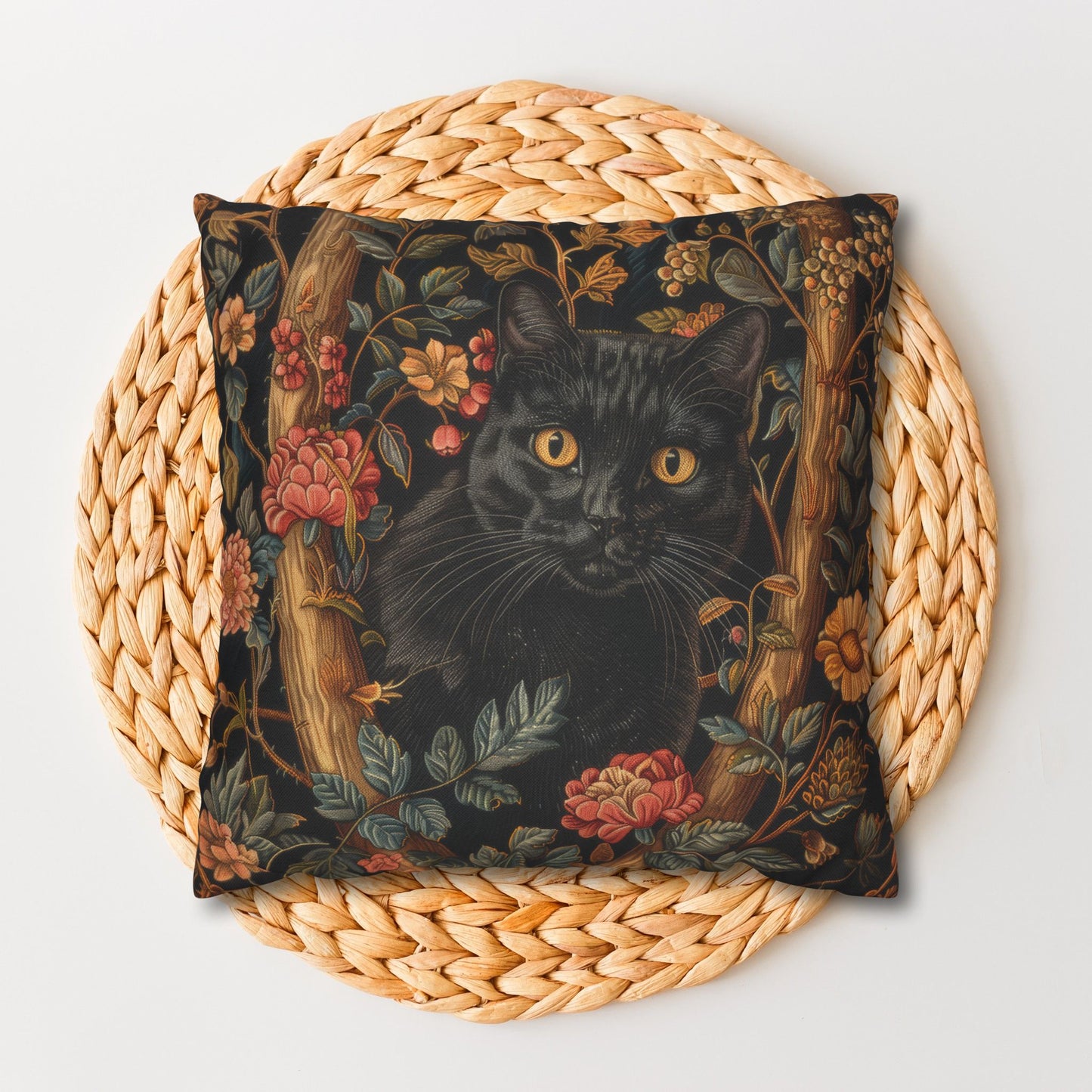Black Cat Pillowcase Gothic Floral Cushion with Woodland Flowers, Mystical Feline Home Décor