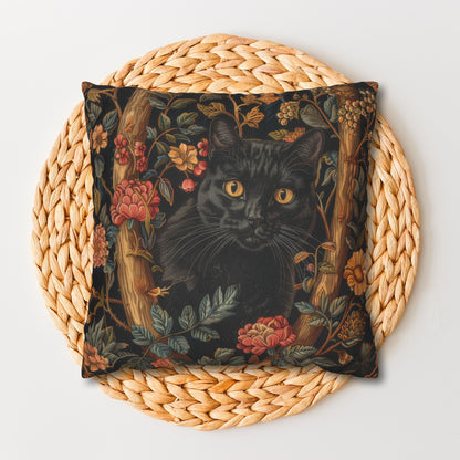 Black Cat Pillowcase Gothic Floral Cushion with Woodland Flowers, Mystical Feline Home Décor