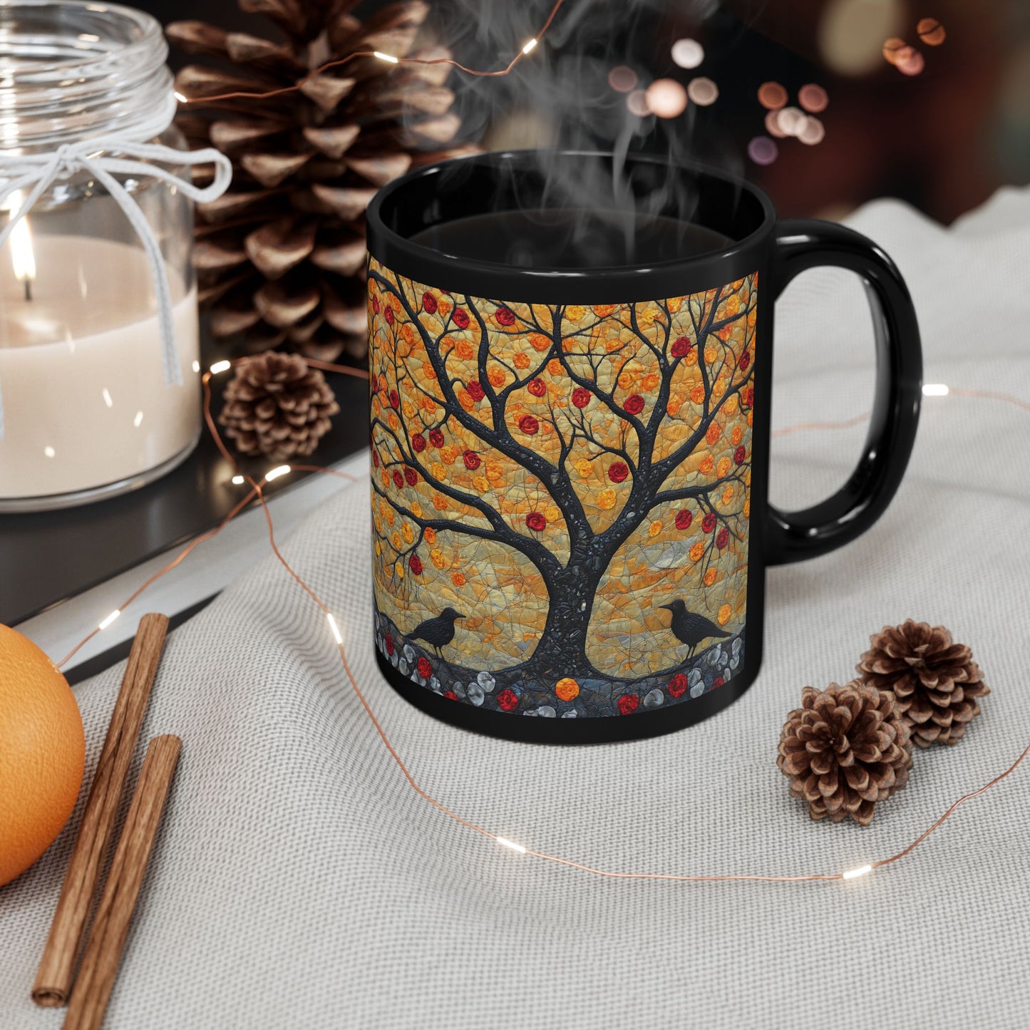 Autumn Apple Tree Art Mug | Black Ceramic Coffee Cup
