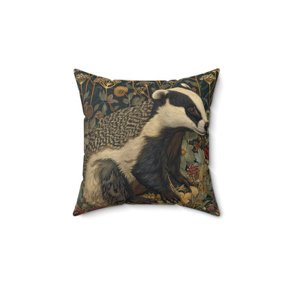 Vintage Badger Botanical Pillow, William Morris Inspired Woodland Animal Cushion
