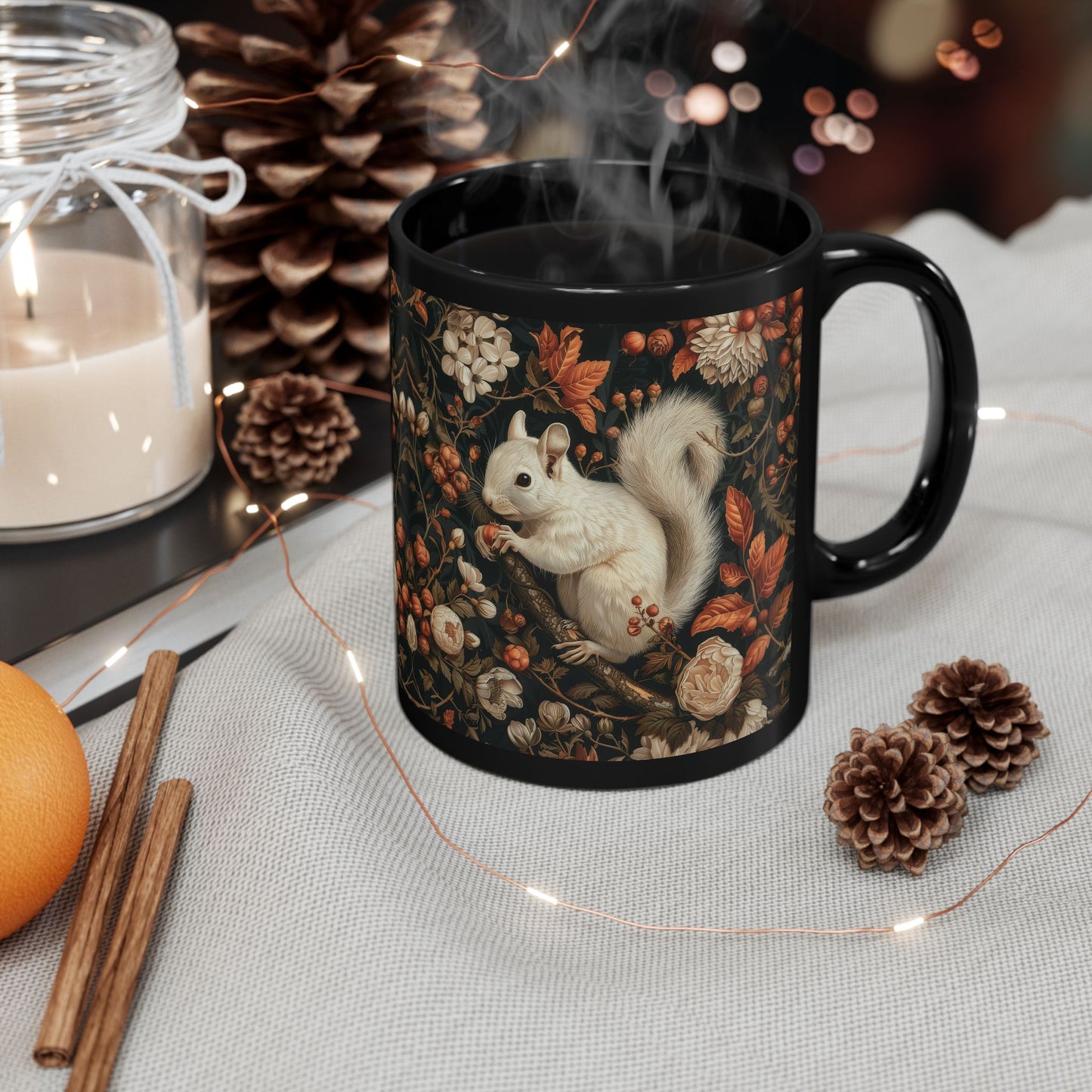 Mug Woodland Squirrel Art Nouveau William Morris Inspired Fall Autumn Black Coffee 11oz 15oz, Gift for Nature Lover, Kitchen Decor, Unique