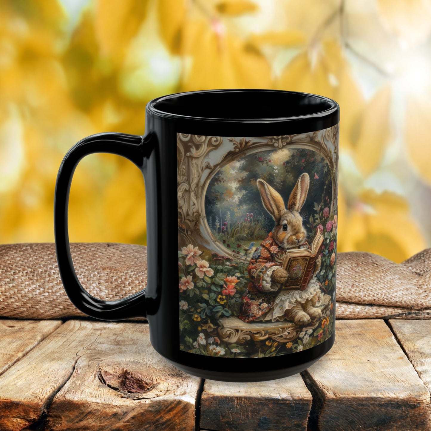 Whimsical Rabbit Black Mug, Easter Bunny Coffee Cup, Floral Decor Coffee Mug, Cute Animal Gift, Morning Tea Mug