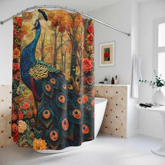 William Morris Inspired Floral Peacock | Art Deco Bathroom Decor | Nature Polyester Shower Curtain