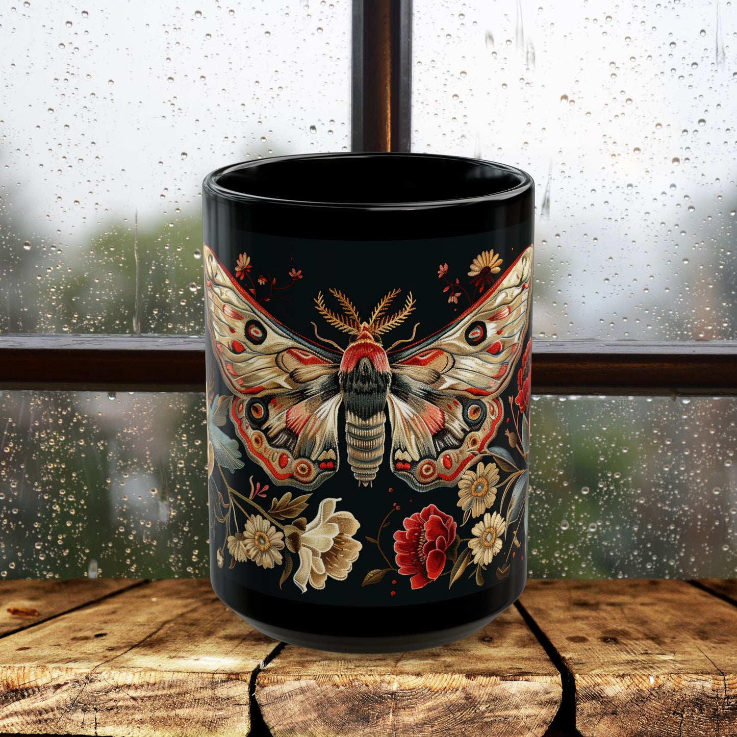 William Morris Inspired Moth Peony Embroidery Black Mug (11oz, 15oz)
