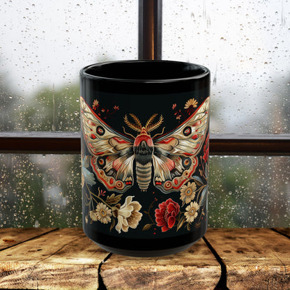 William Morris Inspired Moth Peony Embroidery Black Mug (11oz, 15oz)