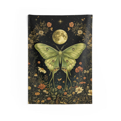 Tapestry of Luna Moth Full Moon, William Morris Inspired, Art Deco Indoor Wall Tapestries