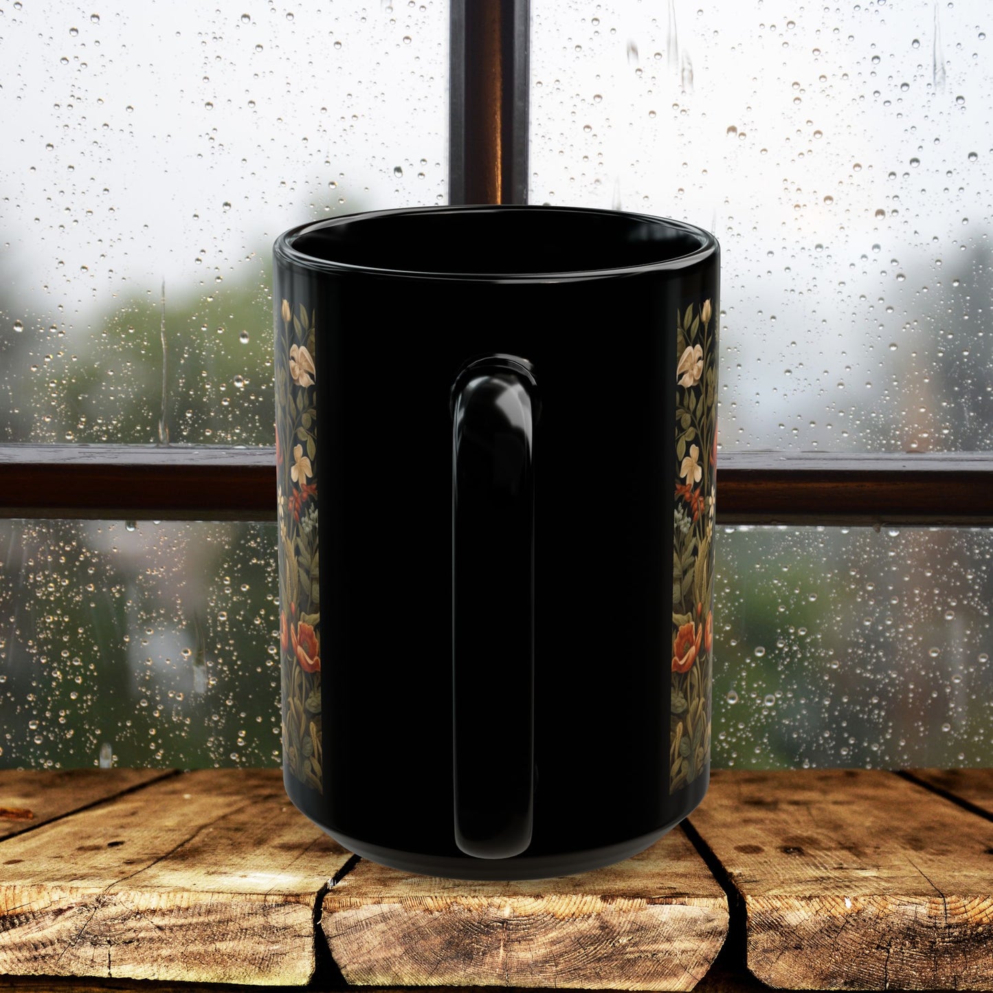 Botanical Floral Fox William Morris Inspired Black Mug (11oz ,15 oz), Gift for Nature Lovers, Coffee Tea Mug, Unique Kitchen Decor,