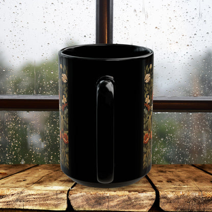 Botanical Floral Fox William Morris Inspired Black Mug (11oz ,15 oz), Gift for Nature Lovers, Coffee Tea Mug, Unique Kitchen Decor,