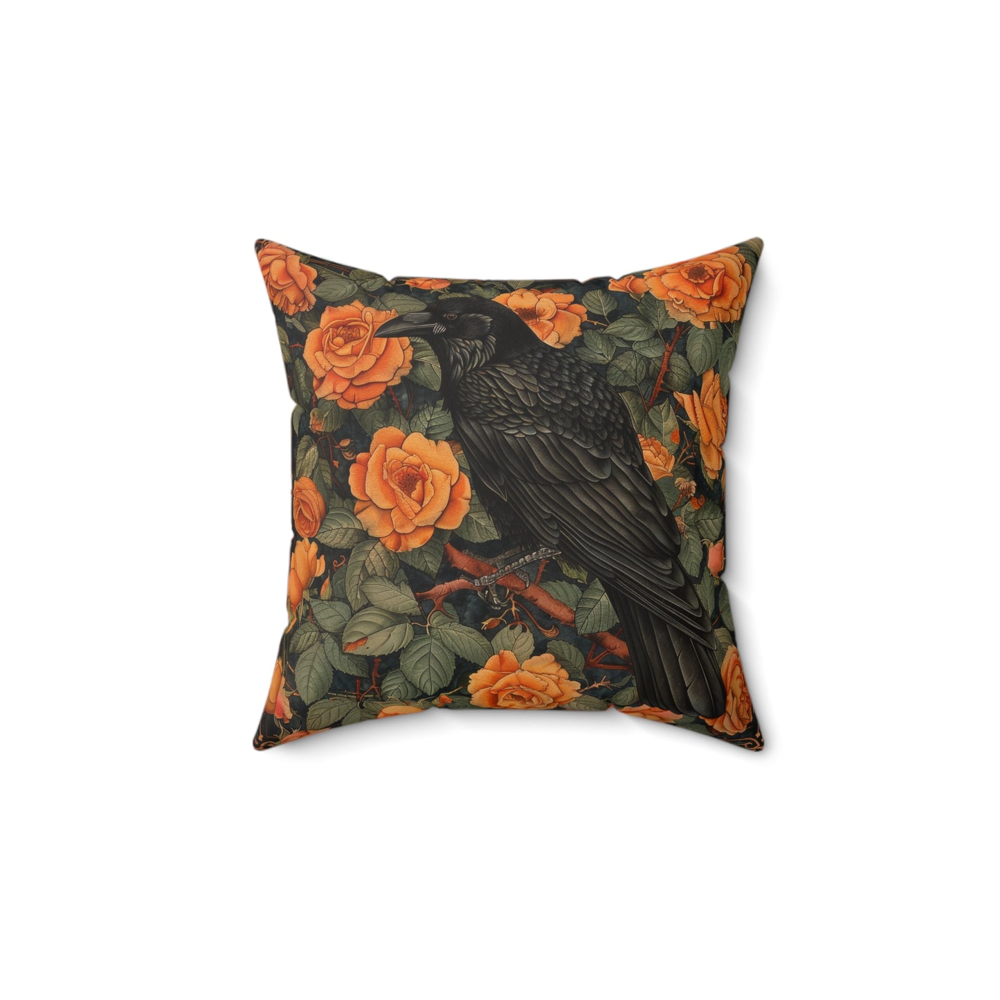 Raven Orange Roses Gothic Throw Pillow | William Morris Inspired Raven Halloween Pillow Decor