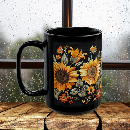 Sunflowers Pattern Embroidery Mug Black Mug (11oz, 15 oz)