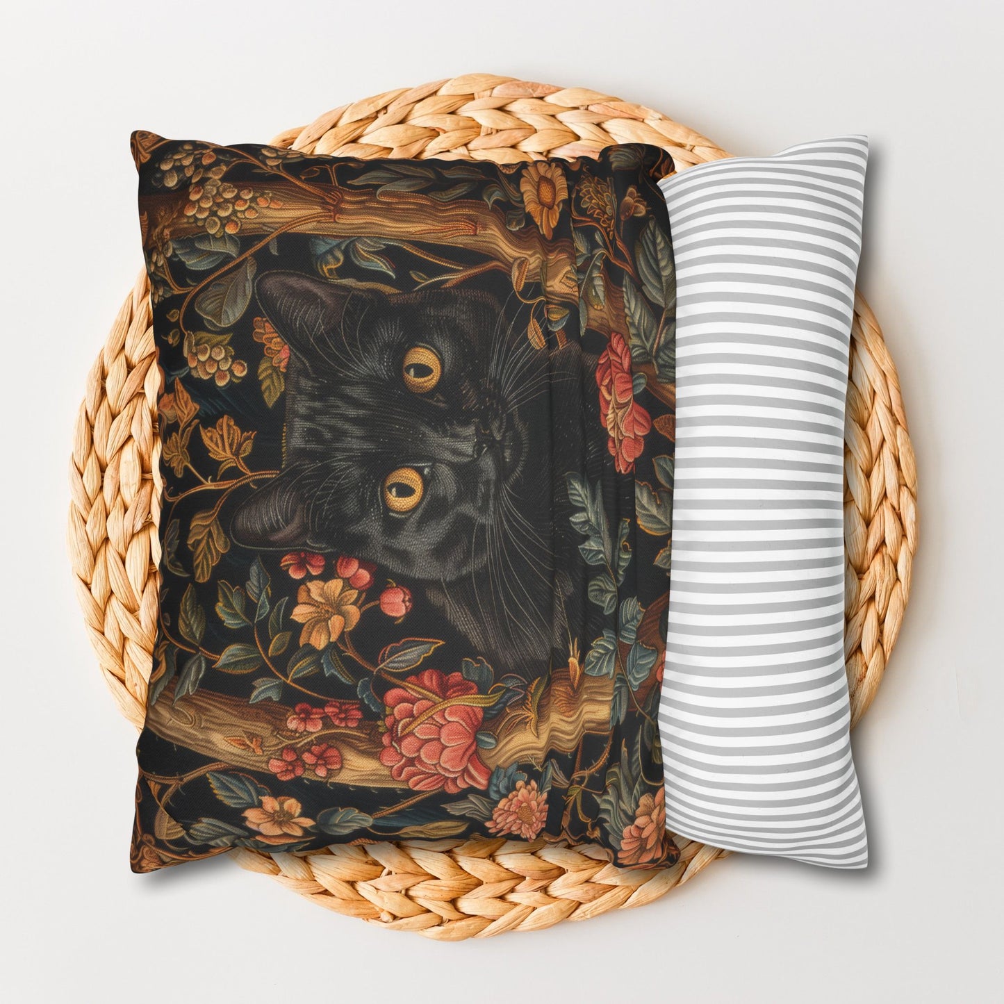 Black Cat Pillowcase Gothic Floral Cushion with Woodland Flowers, Mystical Feline Home Décor