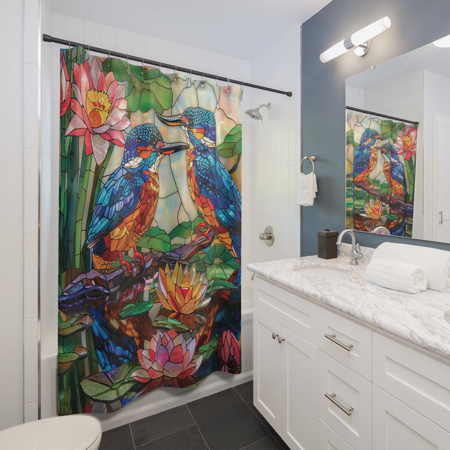 Faux Stained Glass Kingfishers and Water Lilies, Polyester Shower Curtain