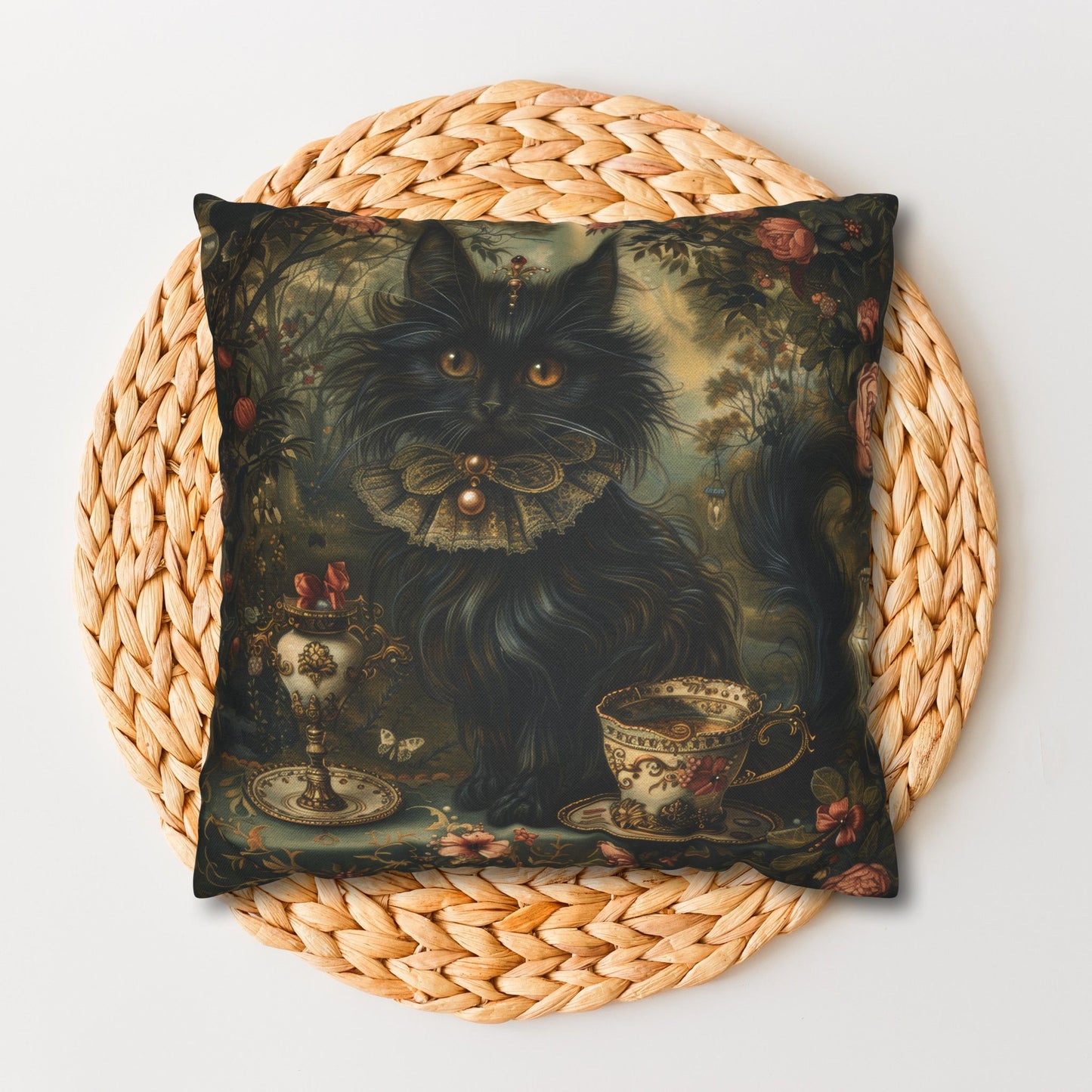 Mystical Cat Pillowcase, Halloween Home Decor, Black Cat Throw Pillow, Witchy Victorian Pillow, Gothic Decorative Pillow