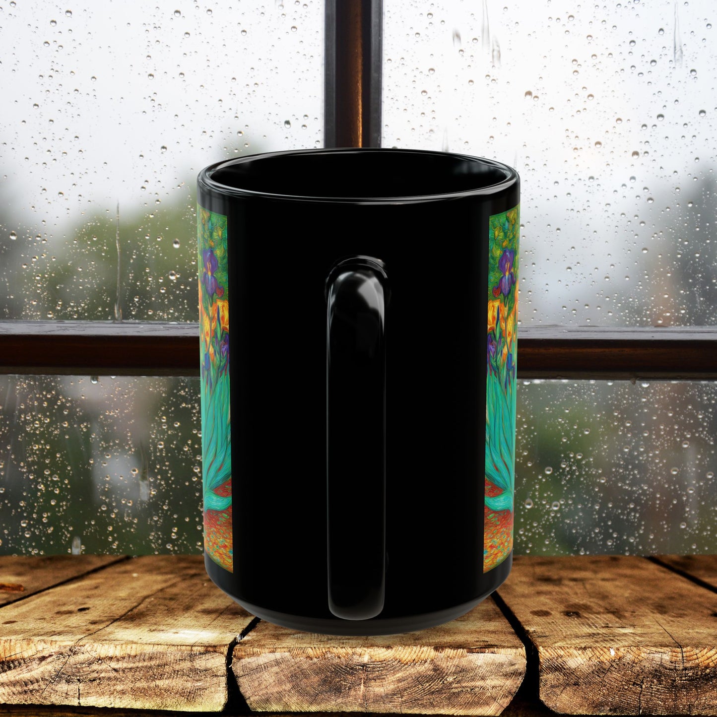 Black Cat Iris Mug, Van Gogh Inspired Cat Art Mug, Colorful Impressionist Floral Black Ceramic Mug, Artistic Cat Lover Gift, 11oz & 15oz
