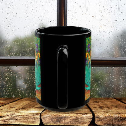 Black Cat Iris Mug, Van Gogh Inspired Cat Art Mug, Colorful Impressionist Floral Black Ceramic Mug, Artistic Cat Lover Gift, 11oz & 15oz