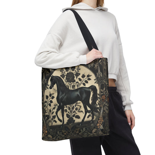 William Morris Inspired Botanicals Arabian Black Horse Tote Bag, Wildlife Tote Bag,  Cottage-core Tote Bag, Eco-Friendly Carryall