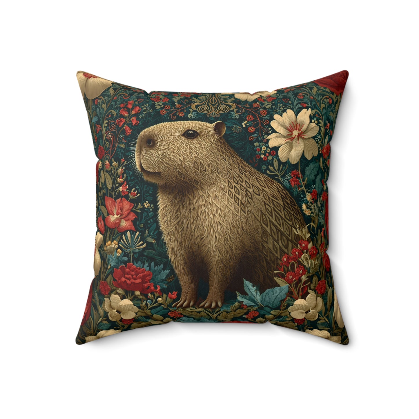 Capybara Floral Pillow, William Morris Style Botanical Animal Cushion for Cozy Home Decor