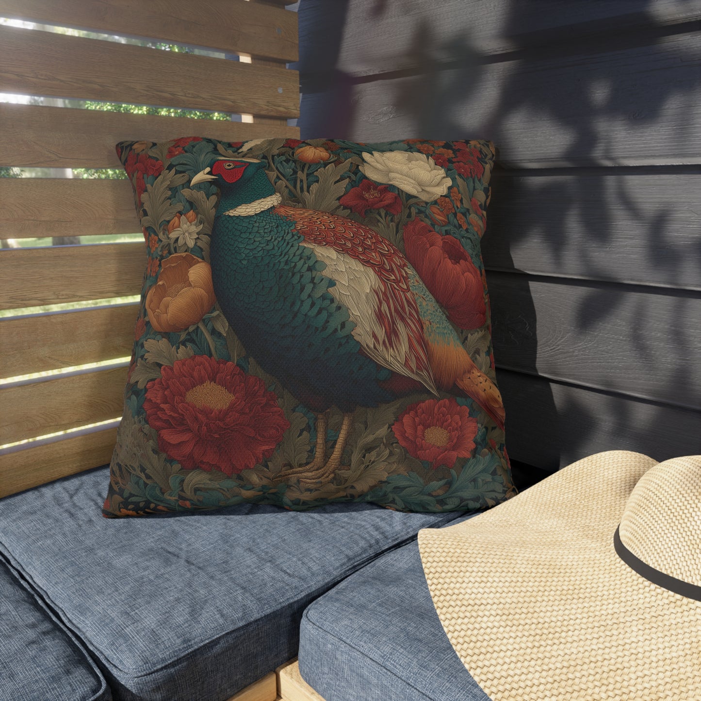 Pheasant & Peony Outdoor Pillow, Dark Academia Floral Botanical Cushion