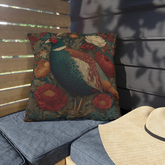 Pheasant & Peony Outdoor Pillow, Dark Academia Floral Botanical Cushion