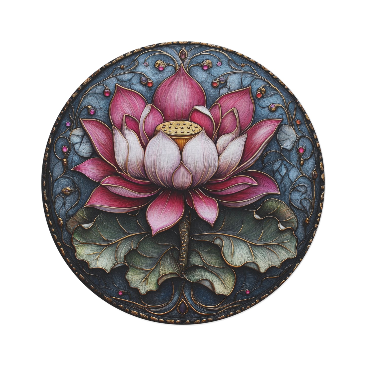 Pink Lotus William Morris Inspired Round Area Rug, Living Room & Meditation Space