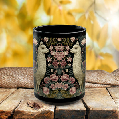 Botanical Llama Coffee Mug, William Morris Inspired Floral Black Ceramic Cup (11oz, 15oz)
