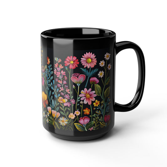 Embroidery Beautiful Wildflowers Black Coffee Mug, Wildflowers Kitchenware Black Mug 11oz, 15oz ,