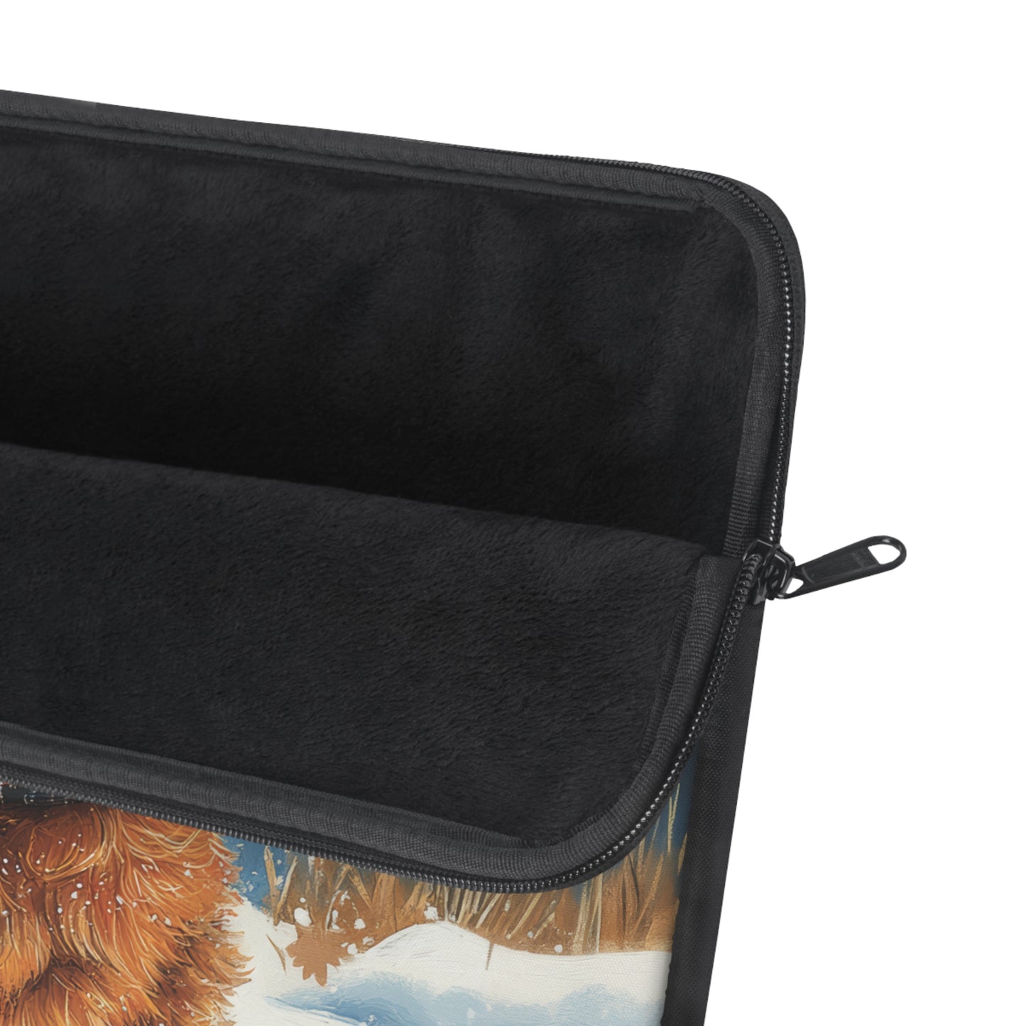 Winter Highland Cow Laptop Sleeve, Cozy Christmas Cow Art Case, Cute Scottish Highland Calf in Snow Laptop Cover (12”, 13”, 15”)