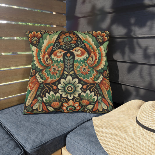 Folk Art Bird Outdoor Pillow, Boho Floral Throw Pillow, Scandinavian Style Cushion, Colorful Nature Patio Decor, Vintage Botanical Accent Pillow