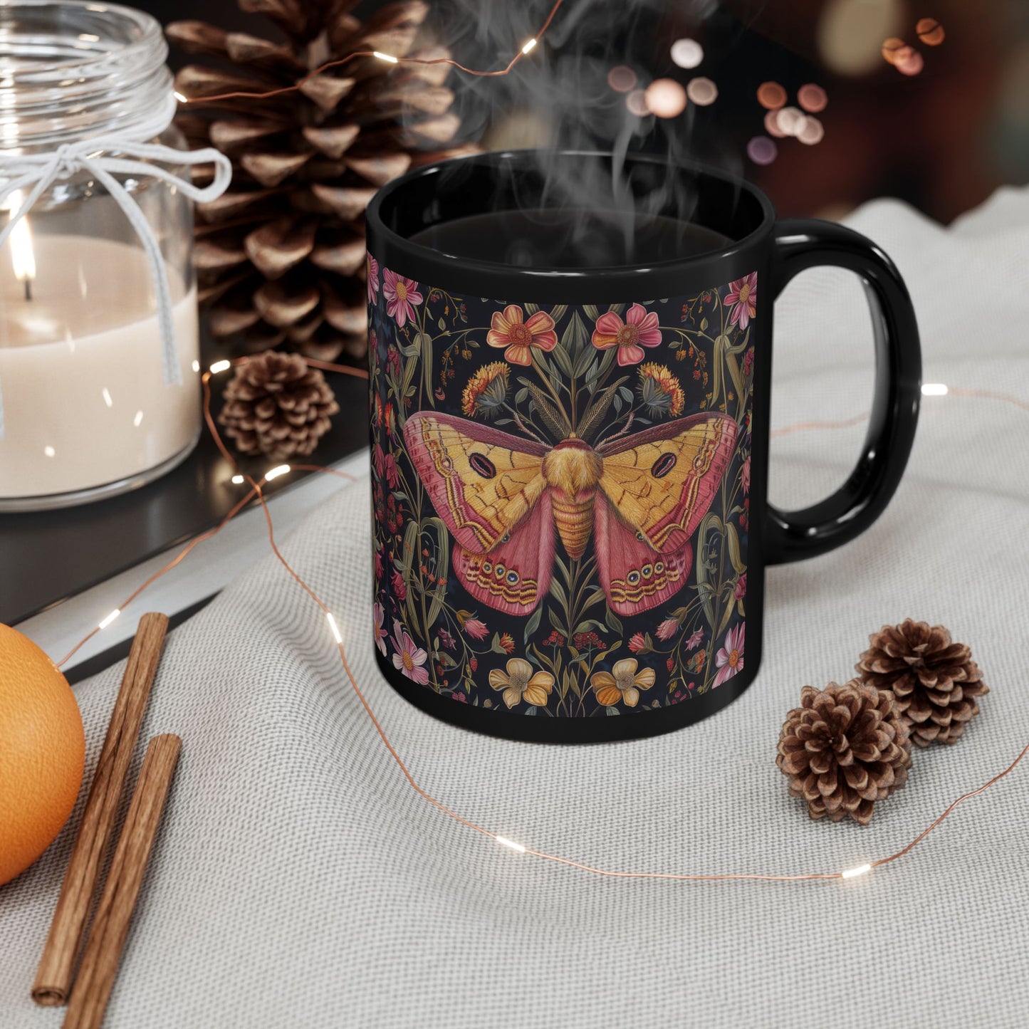 William Morris Inspired Botanical Pink Rosy Maple Moth Black Mug 11oz, 15 oz