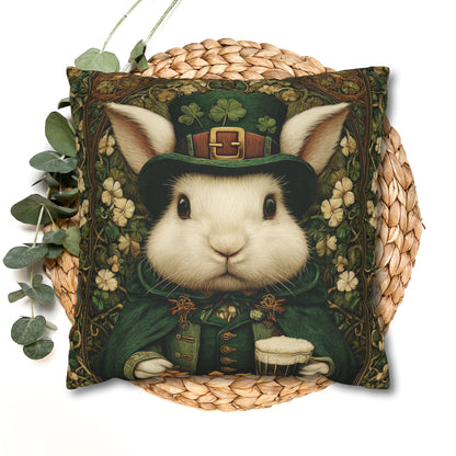 Leprechaun Bunny Decorative Pillowcase, St Patrick Day William Morris Style Rabbit Cushion